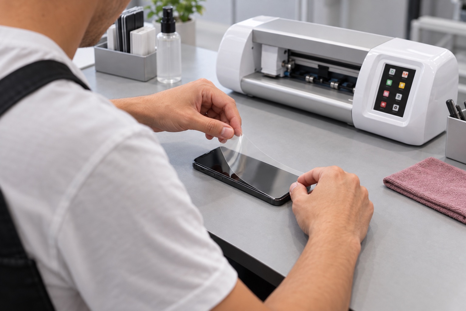 Jason pose un film hydrogel sur un smartphone, avec la machine de découpe à côté